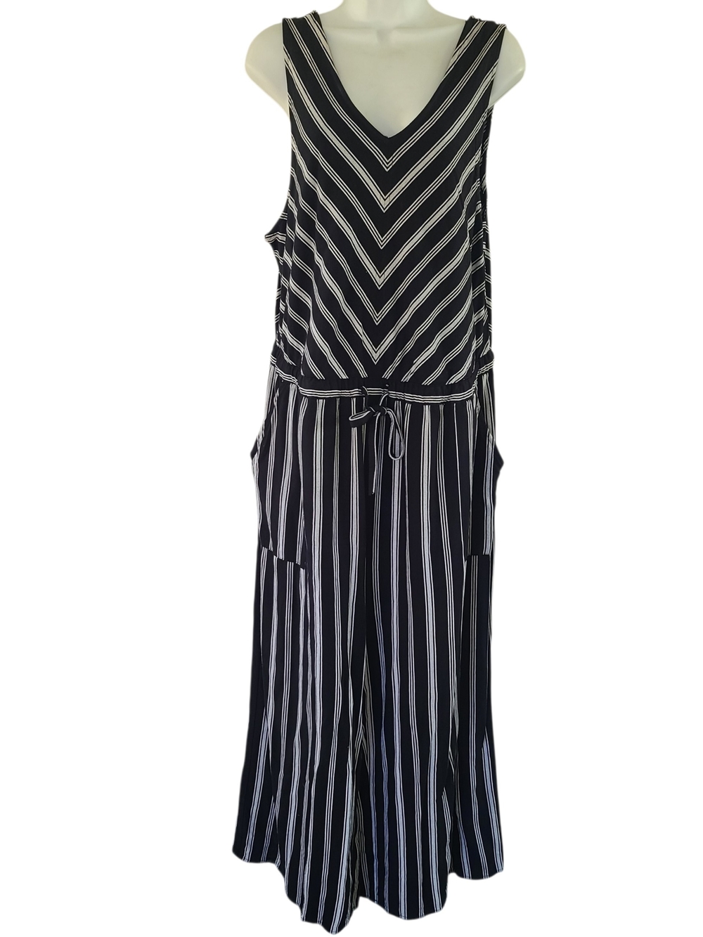 Fred David Black and White Striped Sleeveless Wide Leg Preppy Jumpsuit XL